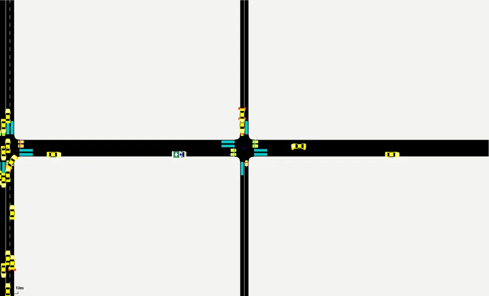 E10: ambulance amb1 (white, eastbound on row 1) approaching C21; the decision record beside it shows whether VECTOR gave its approach priority