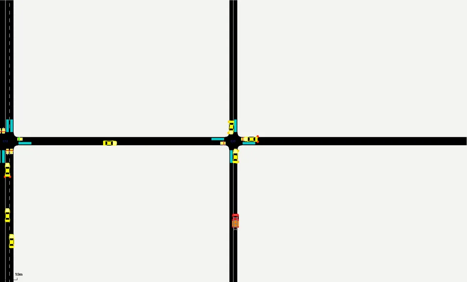 E11: fire engine fire1 (red, northbound on column 2) after the C21 conflict, approaching C22