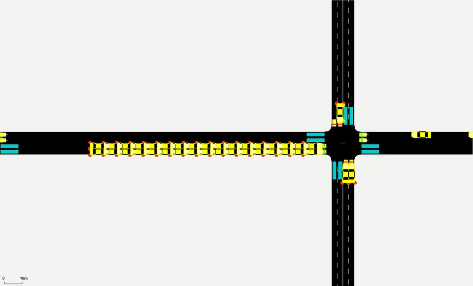 E15: C41 at 1291 s, scenario I: both lanes of the C31->C41 approach blocked by vehicles stalled at the stop line since 641/662 s; VECTOR has held EW green for 43 s on a 32-vehicle queue that cannot move (it ends at max green, 45 s, and is re-served)